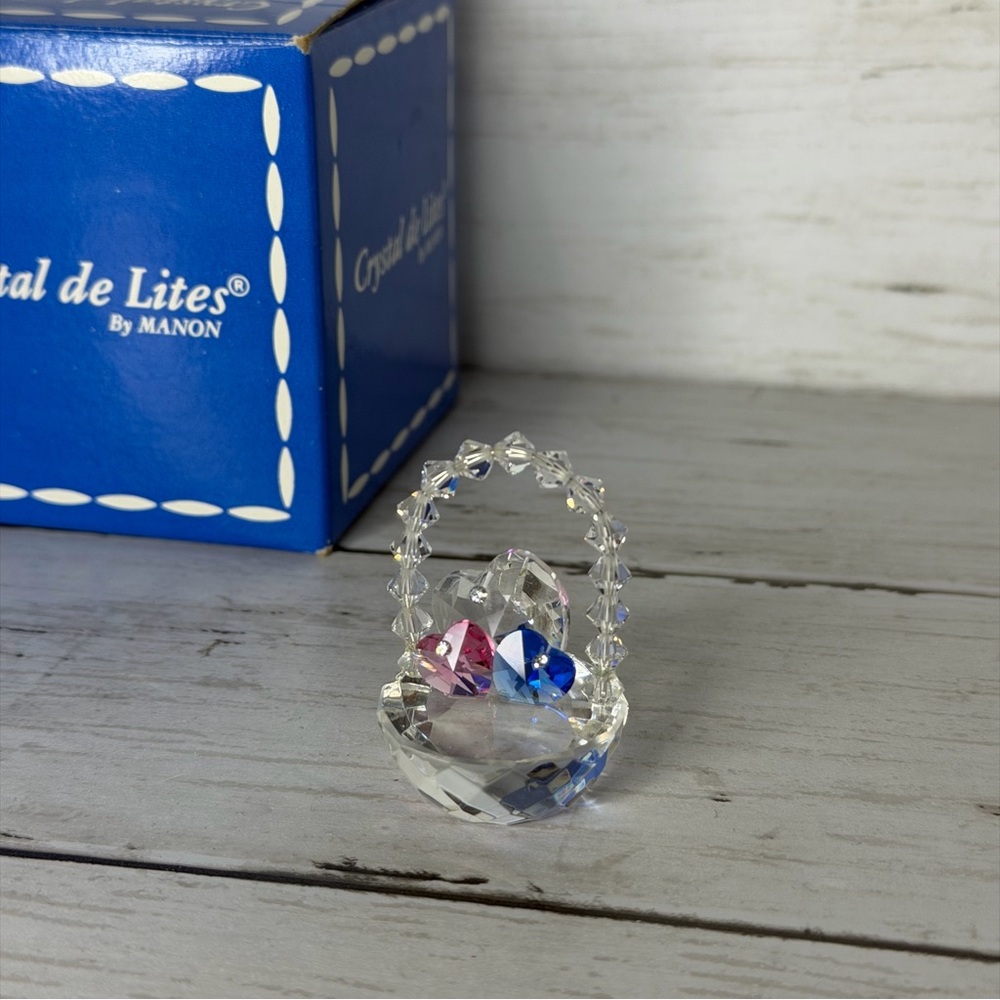 Vintage 90s Crystal de Lites by Manon Heart Basket Figurine Crystal Hearts